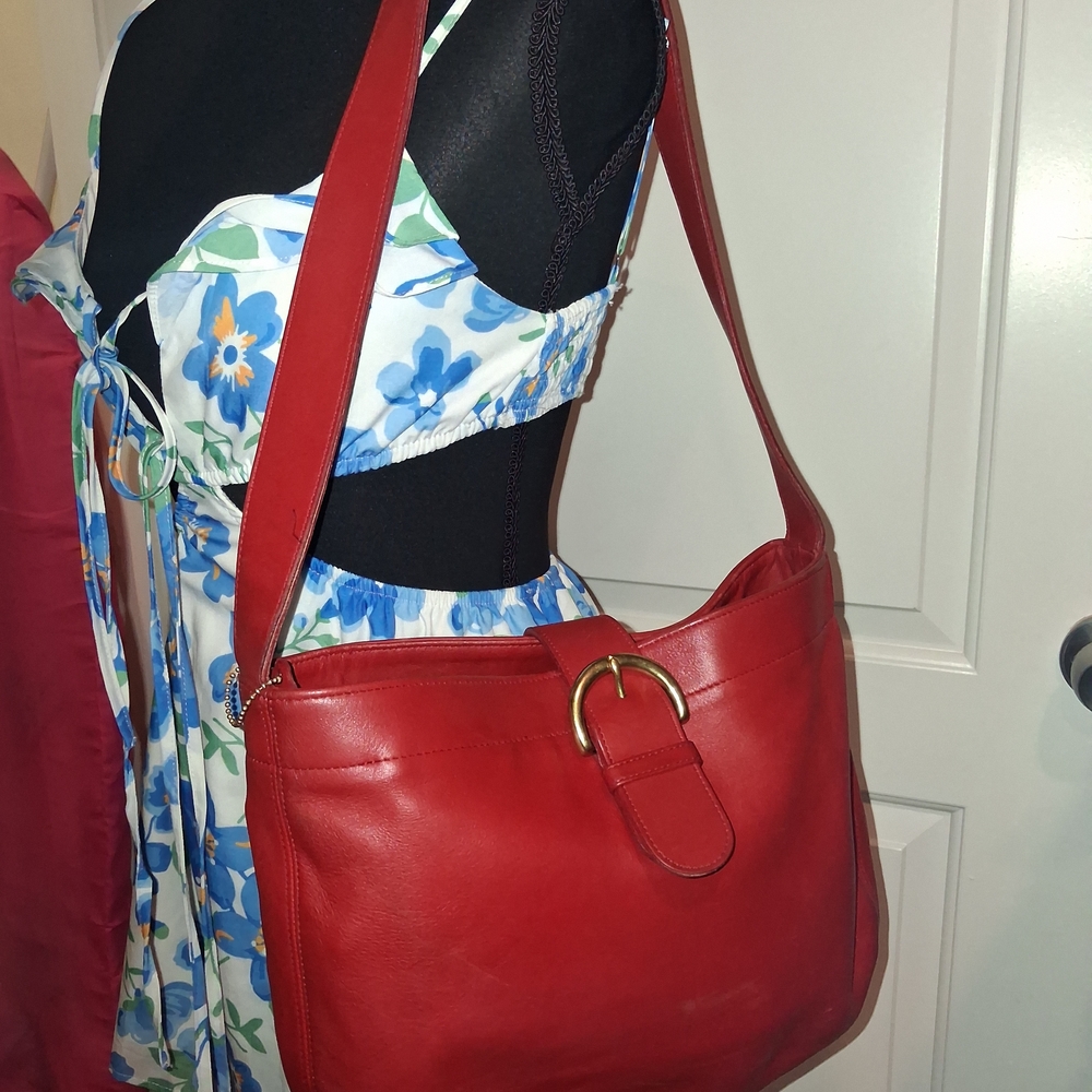 Coach Red Leather Shoulder Bag with Gold Buckle
